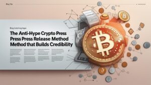 Illustration of a large Bitcoin coin surrounded by smaller crypto coins, documents, and financial charts, with the headline "The Anti-Hype Crypto Press Release Method that Builds Credibility."