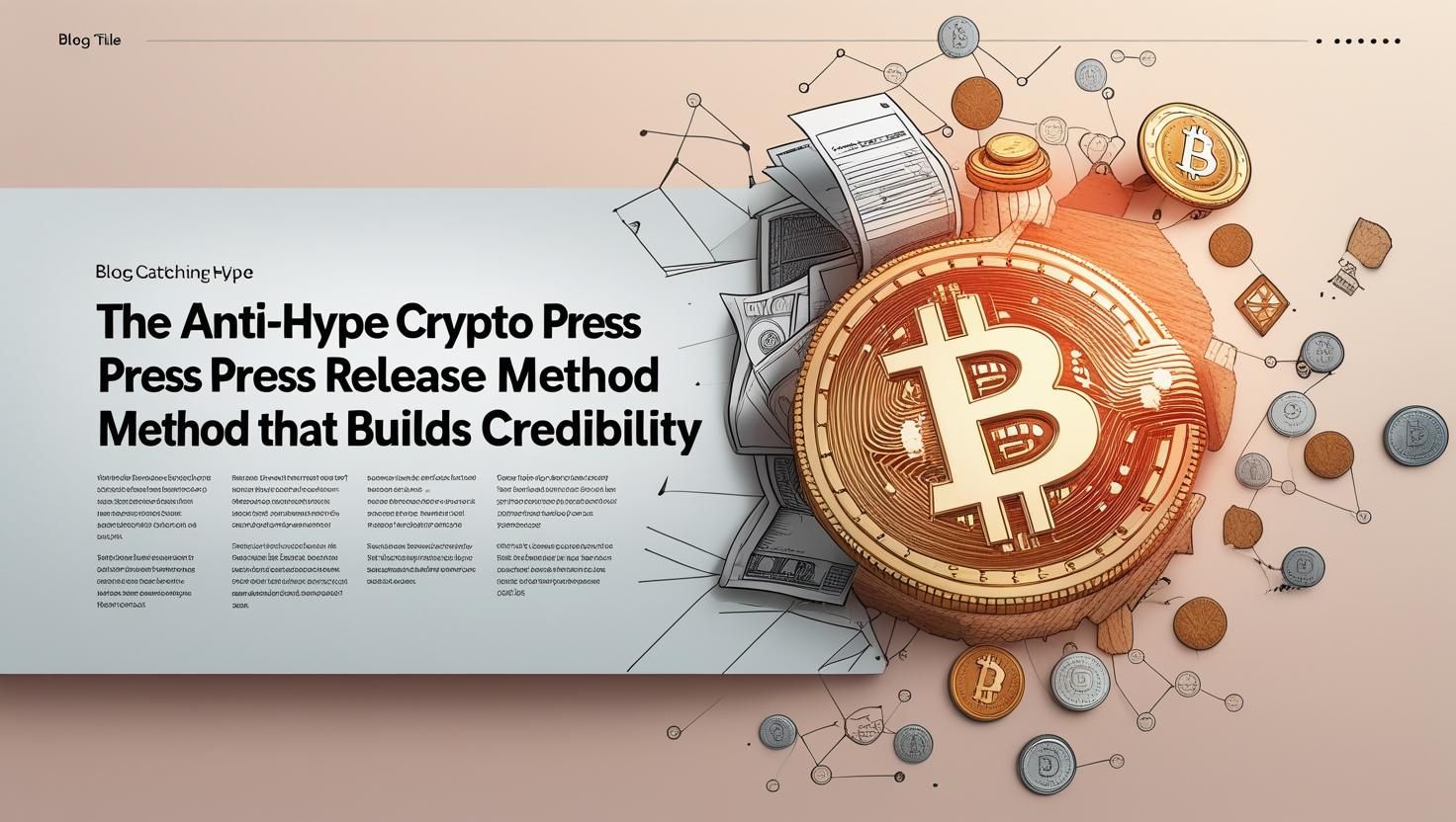 Illustration of a large Bitcoin coin surrounded by smaller crypto coins, documents, and financial charts, with the headline "The Anti-Hype Crypto Press Release Method that Builds Credibility."